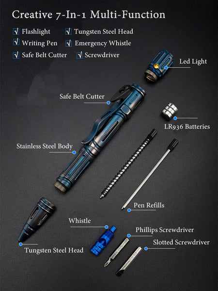 NEW 7-In-1 Outdoor EDC Multi-Function Self Defense Tactical Pen With Emergency Led Light Whistle Glass Breaker Outdoor Survival