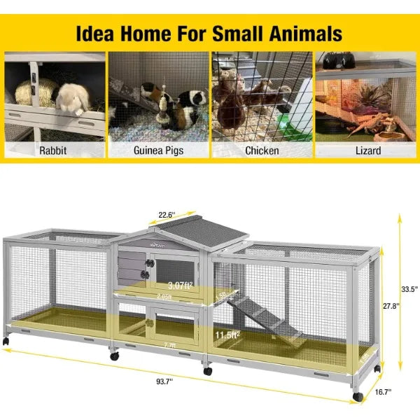 Aivituvin Rabbit Hutch 93.7" Large Indoor & Outdoor Chicken Coop on Wheels Bunny/Guinea Pig Cage with 4 Deep No Leakage Pull Out