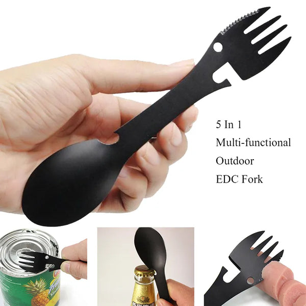 Outdoor Survival Tools 5 In 1 Camping Multi-Functional EDC Practical Kit Fork Knife Spoon Bottle/Can Opener