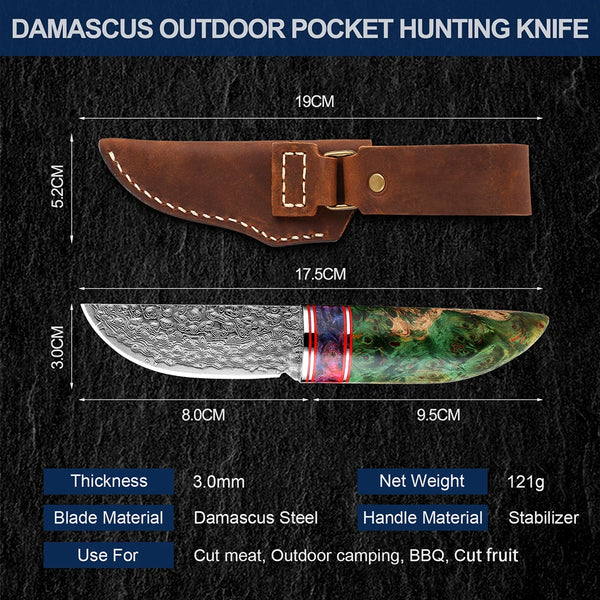 Fixed blade Hunting Knife Handmade forged Damascus Steel camping knife blade Portable survival Tactical Knives Leather sheath