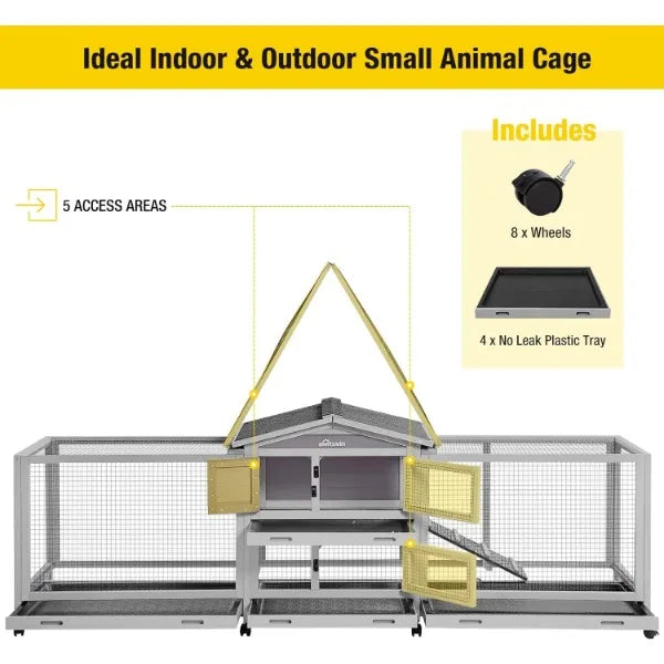 Aivituvin Rabbit Hutch 93.7" Large Indoor & Outdoor Chicken Coop on Wheels Bunny/Guinea Pig Cage with 4 Deep No Leakage Pull Out