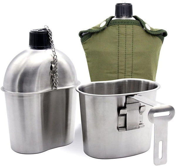 3Pcs/Set Stainless Steel Military Canteen Cup Portable Canteen Cup With Lid Green Cover Camping Hiking Picnic Travel Accessorie