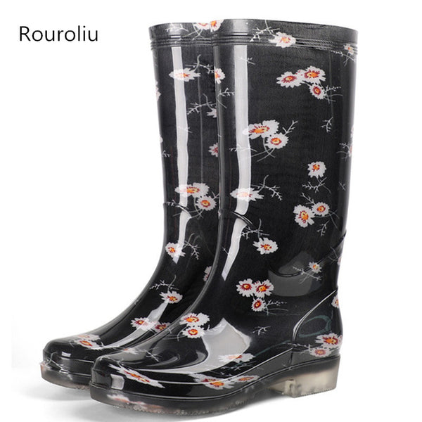 Rouroliu Women&#39;s Printed High Rainboots Waterproof Water Shoes Wellies Non-Slip PVC Rain Boots Woman RB268