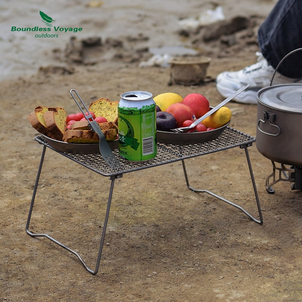 Boundless Voyage Titanium Charcoal BBQ Grill Net with Folding Legs for Camping Beach Picnic Meat Food Barbecue Desk Tabletop
