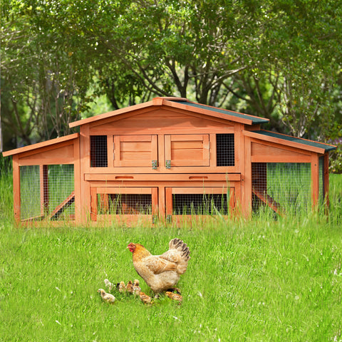 Wooden Chicken Coop 70-Inch Wood Rabbit Hutch Outdoor Pet House Chicken Coop for Small Animals with 2 Run Play Area