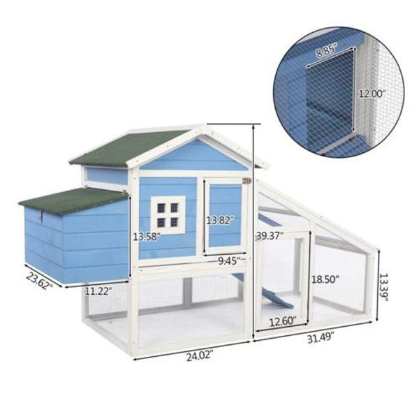 69 Inch Fir Wood Chicken Hutch Hen Coop Habitat Pigeon House with Egg Case & Tray & Running Cage Blue[US-Stock]