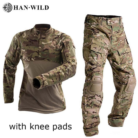 HAN WILD Military Uniform Tactical Combat Shirt Camouflage Hunting Pants Knee Pads